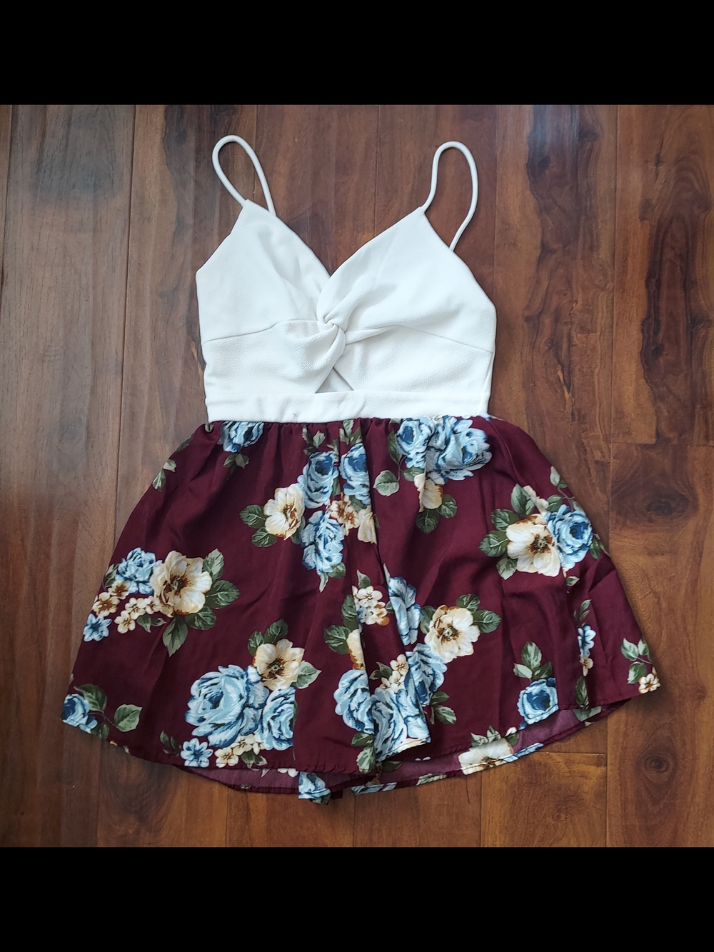 Floral Burgundy Mini Skirt Dress with White Twist Bodice